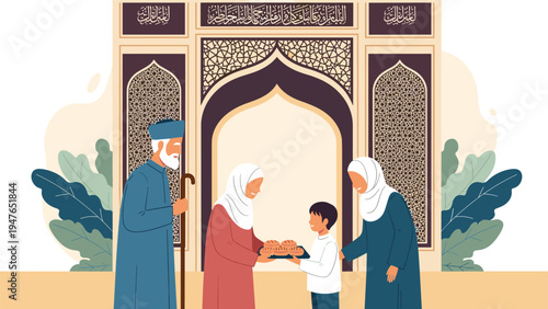 Muslim family including grandparents and a child share traditional bread in front of a mosque with beautiful geometric patterns.