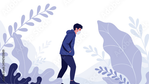 Young man wearing a protective face mask walks thoughtfully through a stylized park filled with large lavender and blue leaves.