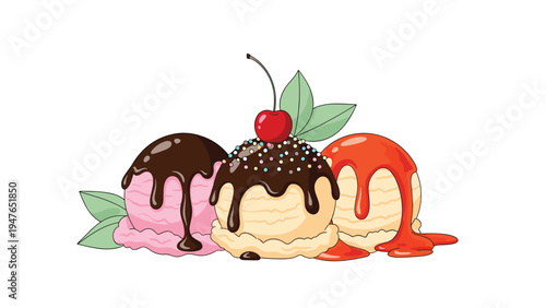 Decadent trio of ice cream scoops with chocolate and fruit sauces, topped with a bright red cherry and fresh green leaves.