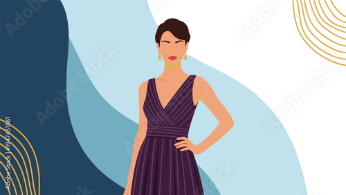 Stylized portrait of a elegant woman in a dark purple dress standing confidently against a blue abstract background with golden lines.