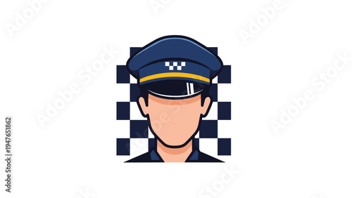 Portrait of a professional male taxi driver in a dark blue uniform and cap with a checkered pattern background for identification.