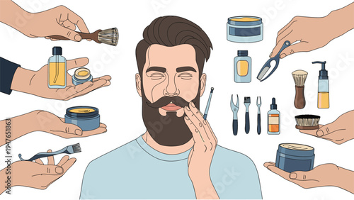 Handsome bearded man surrounded by hands holding various grooming tools like brushes oils and creams representing male self care.
