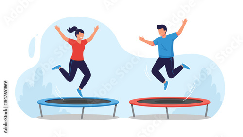 Active young man and woman enjoying themselves while jumping high on trampolines in an outdoor recreational park under blue skies.