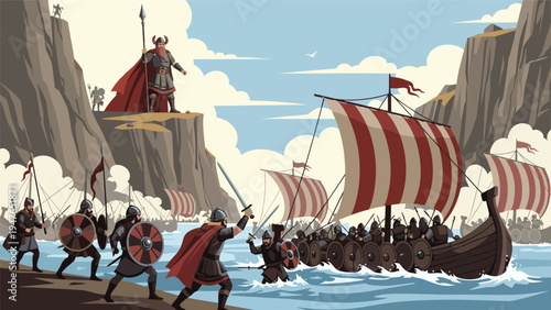 Dramatic historical scene of Vikings in longships landing on a rocky coast for a battle with warriors standing on high cliffs.