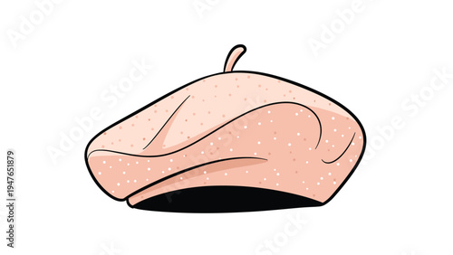 Classic light pink beret hat with a small stem on top presented as a simple fashion accessory isolated on a white background.