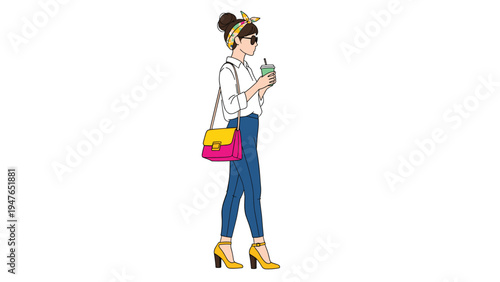 Stylish young woman walking down the street carrying a green coffee cup and a fashionable pink and yellow handbag in urban setting.