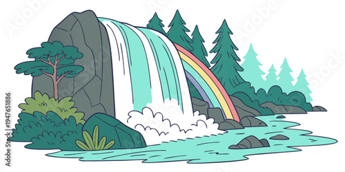 A waterfall with a rainbow in the middle of a forest Vector