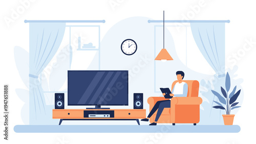 Man relaxing in a comfortable orange armchair while reading on a tablet in a modern furnished living room with a large television.