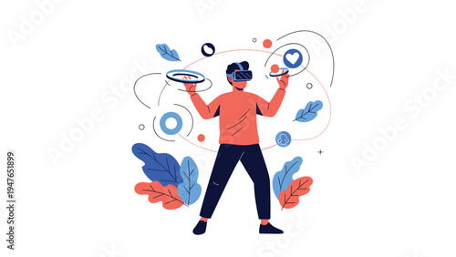 Young man explores an immersive virtual reality world wearing a high-tech headset while surrounded by various floating digital interface icons.