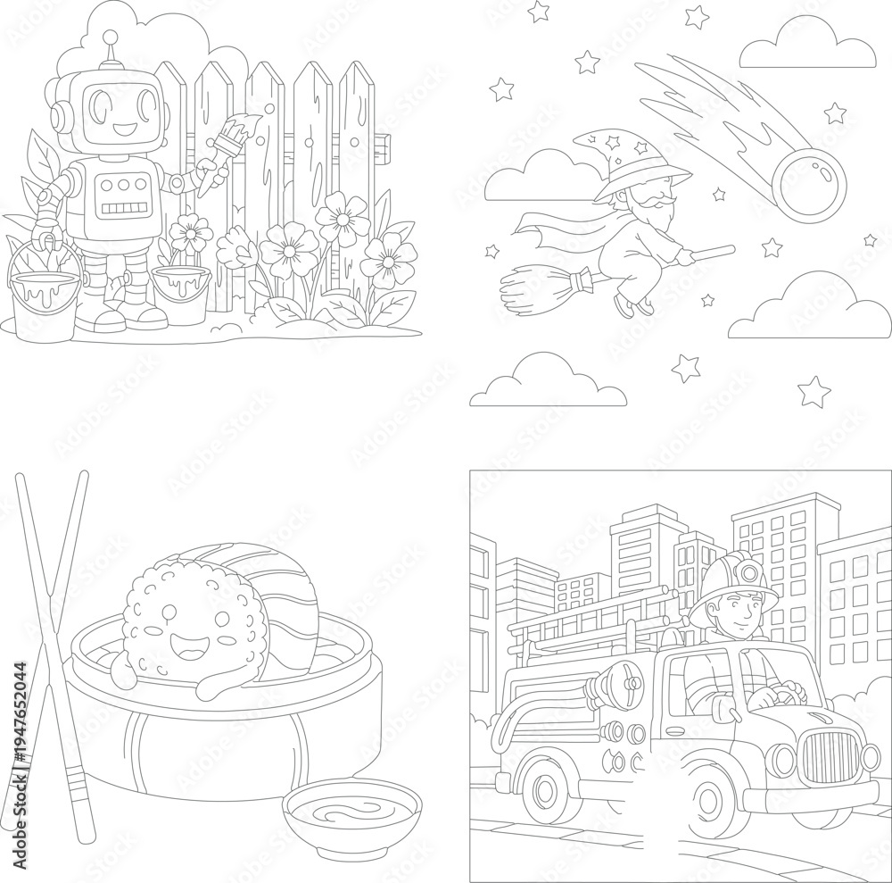 Fototapeta premium Friendly robot in garden coloring page, with fence, flowers, and cute animals, outline art, line art, black and white, line drawing