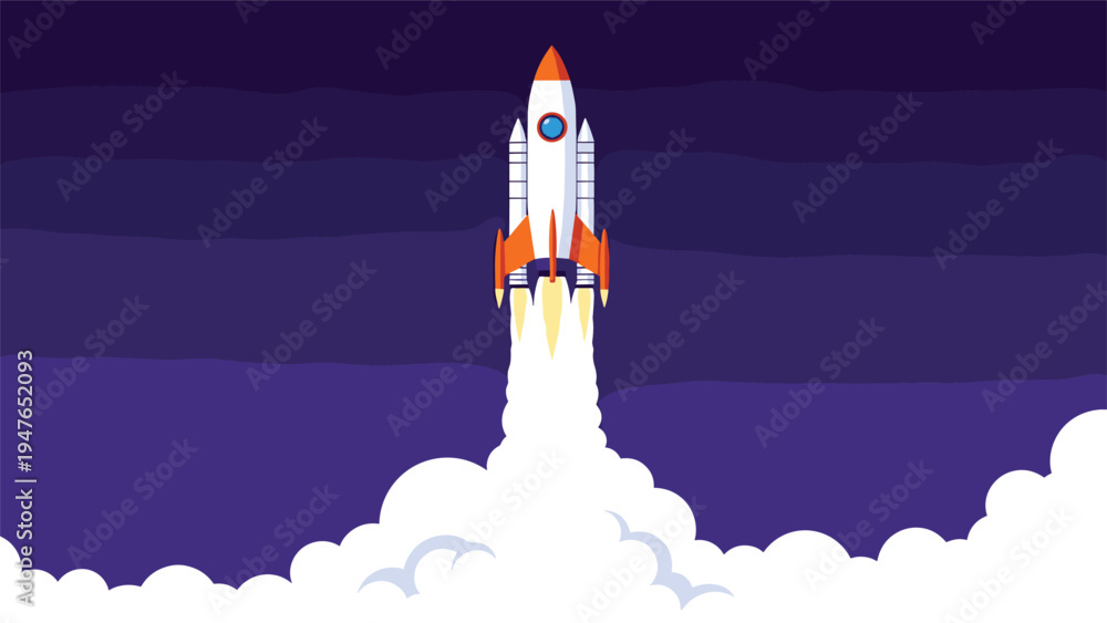 Fototapeta premium Powerful white space rocket launches into the dark purple night sky surrounded by thick billowing white clouds and bright orange flames.