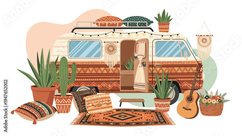 Vintage camper van is decorated in a bohemian style with colorful patterns, potted cacti, rugs, and a guitar for a road trip adventure.