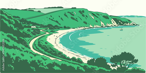 A scenic view of a green coastline with a sandy beach Vector