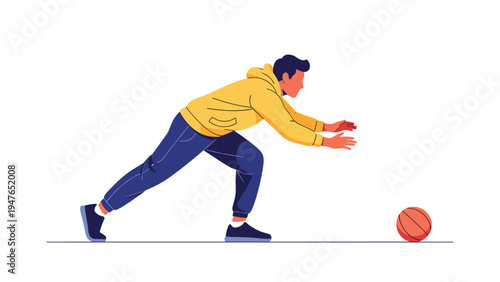 Athletic person in a yellow hoodie and blue joggers stretches forward to catch a basketball on the ground in a dynamic sports pose.