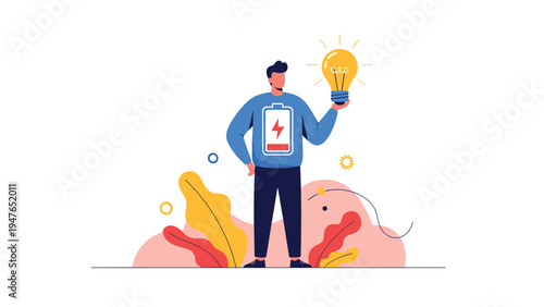 Creative man holding a bright glowing lightbulb has a battery charge icon on his sweater representing new energy and innovative ideas.