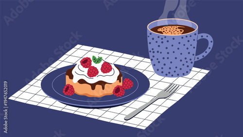 Tasty chocolate cake with white cream and fresh raspberries is served on a plate next to a steaming mug of hot coffee for breakfast.