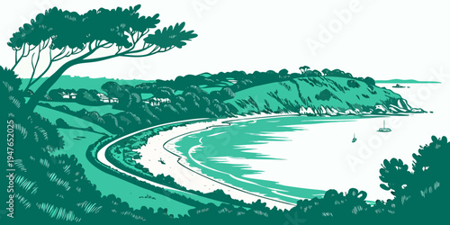 Billede på lærred A green landscape with a road and a body of water Vector