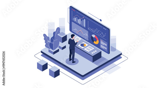 Businessman analyzes complex financial data and colorful charts on a large digital screen while standing in a modern tech environment.