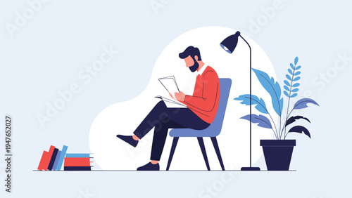 Bearded man sits comfortably in a blue chair reading a newspaper under a floor lamp with several books and a large plant nearby him.