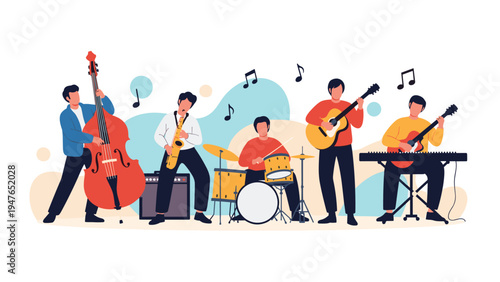 Talented jazz band featuring a saxophonist, drummer, guitarist, and pianist perform together with musical notes floating in the air.