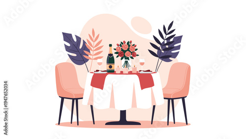 Elegant romantic dinner table for two is set with wine, candles, a bouquet of roses, and champagne against a soft pink backdrop art.