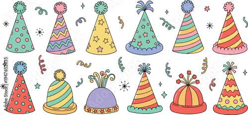 Colorful Party Hats Vector Collection with Birthday Celebration Caps Confetti Festive Cartoon Illustration Set