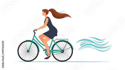 Young woman with a long ponytail rides a green bicycle quickly while stylized wind trails flow behind her in a dynamic flat illustration.