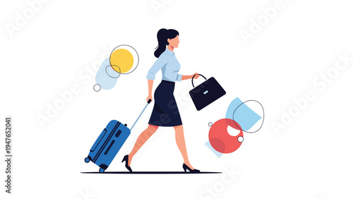 Professional businesswoman walks briskly while pulling a blue rolling suitcase and carrying a briefcase for her corporate travel trip.