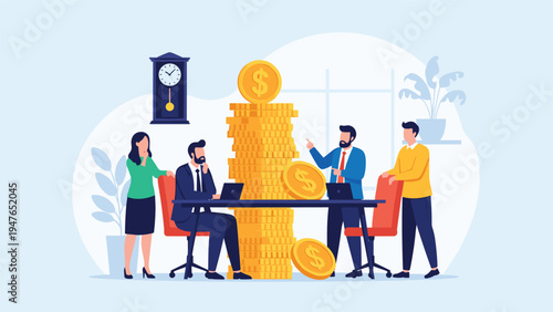 Successful business team collaborates around a massive pillar of gold coins representing financial growth, profit, and wealth creation.