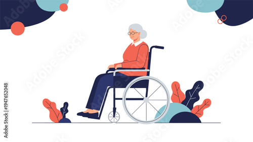 Elderly woman with grey hair and glasses sits calmly in a modern wheelchair against a backdrop of colorful stylized leaves and shapes.