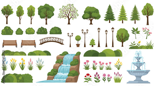 Large collection of landscape design elements including various trees, park benches, a wooden bridge, fountain, and colorful flowers.