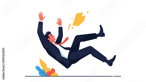 Shocked businessman in a suit is shown falling backwards through space with abstract yellow and blue shapes on a white background.