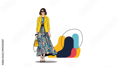 Stylish woman models a yellow leather jacket and a long patterned maxi dress while carrying a designer handbag against an abstract background.