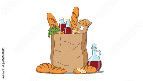 Stuffed brown paper grocery bag filled with fresh bread, wine bottles, and green vegetables sits among extra loaves on a plain background.