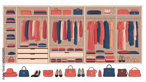 Impeccably organized walk-in closet features shelves of folded clothes, hanging garments, shoes, and a variety of colorful handbags.