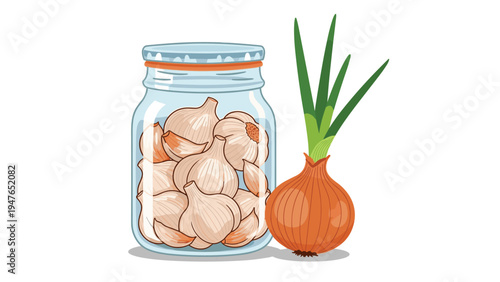 Fresh glass jar packed with peeled garlic cloves stands next to a whole brown onion with vibrant green sprouts on a white surface.