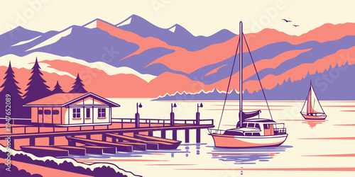 A serene lake scene with a dock and sailboats Vector