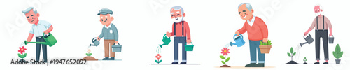 vector of a grandpa stand watering small flower in a pot during spring