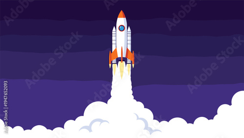 Powerful white space rocket launches into the dark purple night sky surrounded by thick billowing white clouds and bright orange flames.