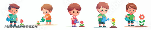 vector of a little boy stand watering small flower in a pot during spring
