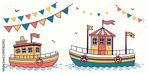 Two colorful boats with flags and bunting Vector