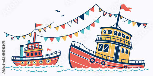 Two boats with colorful flags on the water Vector