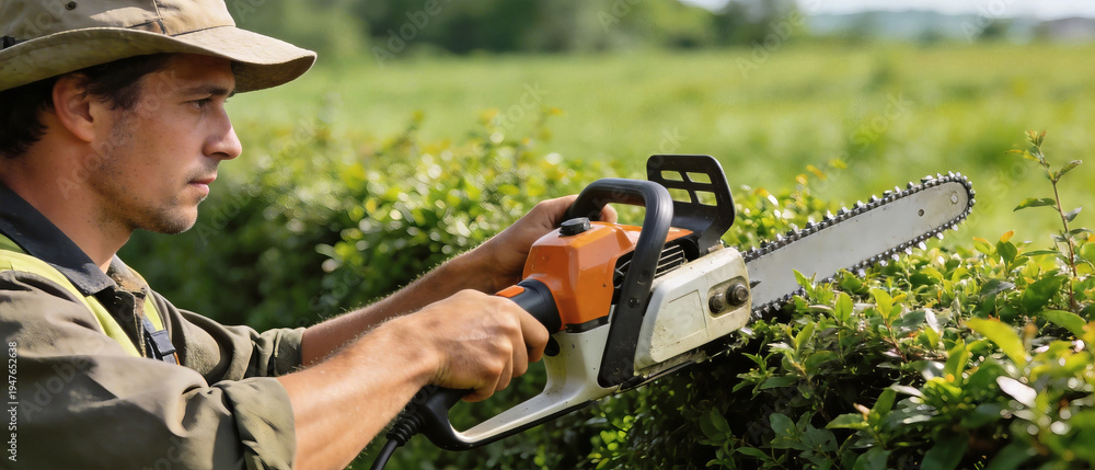 Fototapeta premium Man wearing a hat using a chainsaw to trim green hedge bushes outdoors