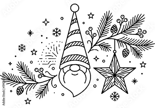 Norwegian Christmas Monoline Background with Nisse and Pine Branch