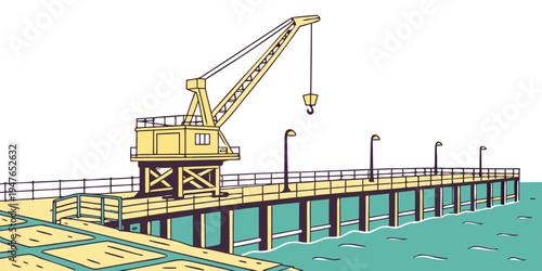 A large yellow crane on a pier over water Vector