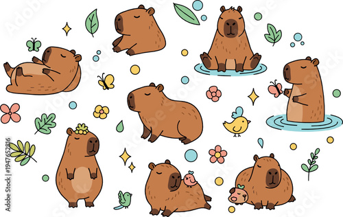 Cute Capybara Cartoon Characters Vector Collection with Funny Capybara Animals Relaxing Bathing Nature Illustration Set