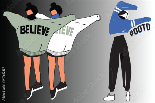 Set of 3 fashion illustration vectors, people wearing trendy outfits