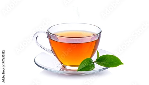 A close-up shot of a clear glass teacup filled with tea, steam rising, resting on a saucer, accompanied by fresh green leaves