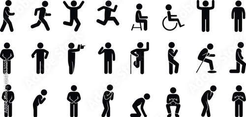 Collection of Human Figure Icons Showing Actions and Poses person silhouette