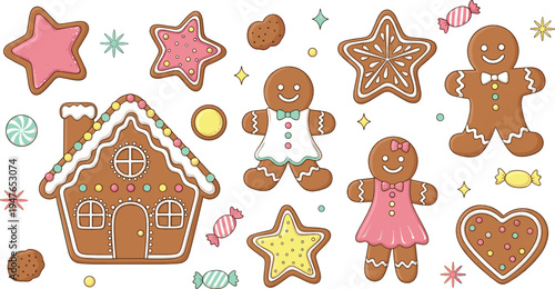 Cute Christmas gingerbread cookies vector illustration set featuring gingerbread house, star biscuits, candy sweets and festive holiday bakery treats